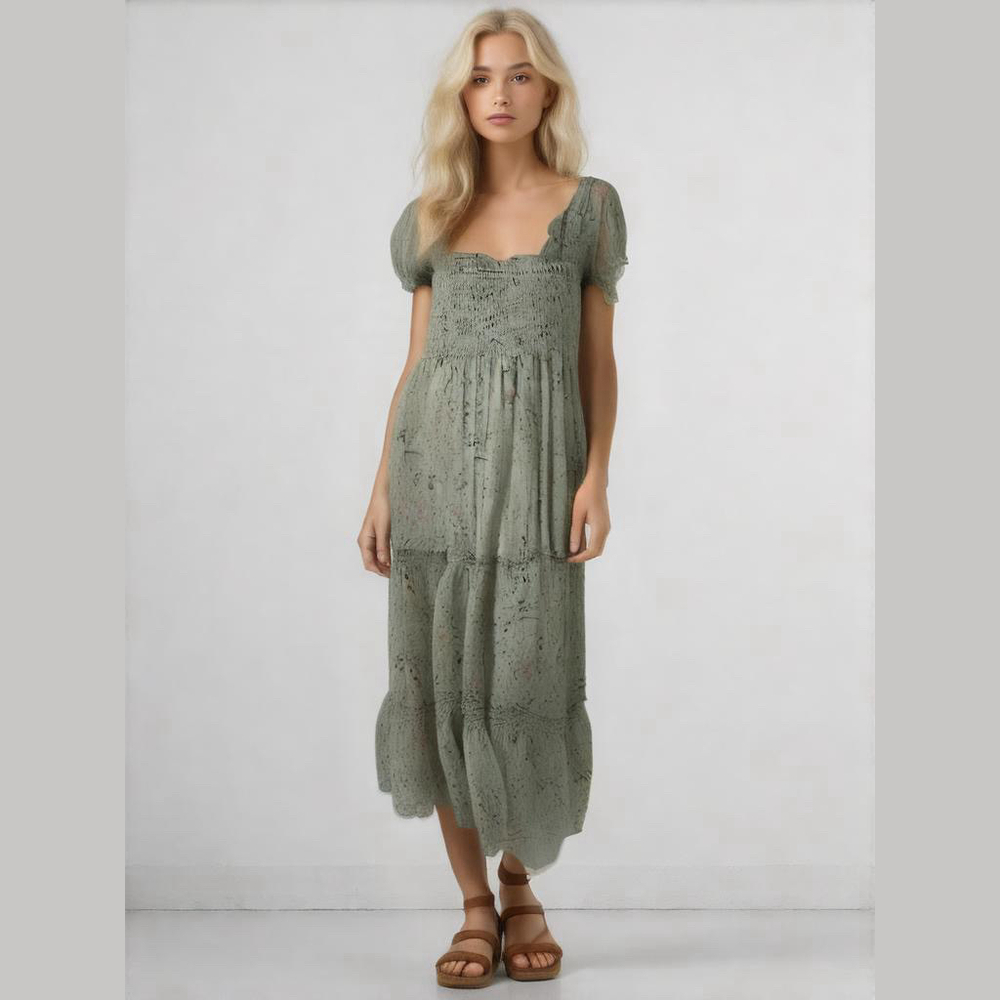 Reveriee Maxi Dress Women's XL Green Floral Tiered